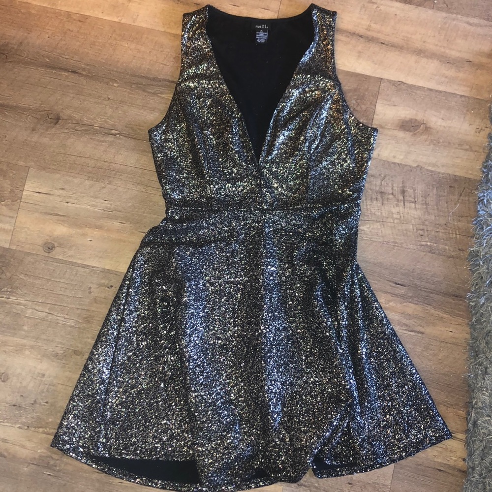 Gold Sparkly Low Plunge Skater Dress